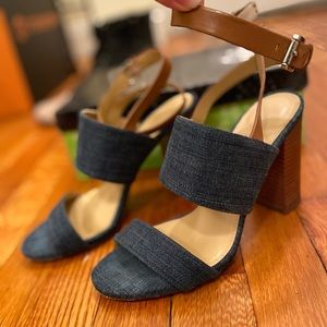 Michael Kors Denim and Cognac Leather Heeled Sandals size 7.5